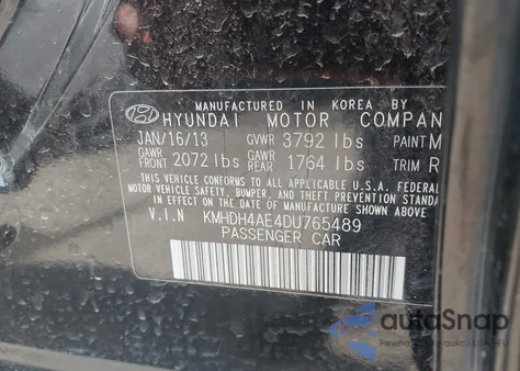 2013 Hyundai Elantra Gls from USA, damaged, VIN KMHDH4AE4DU765489